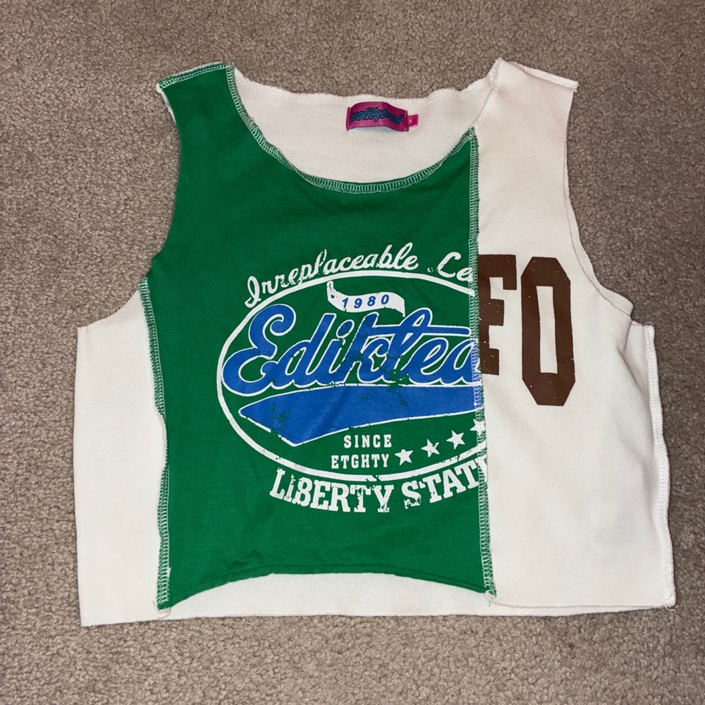 Edikted Womens Sleeveless Cropped Patchwork Tank Top Green/White in Size Medium